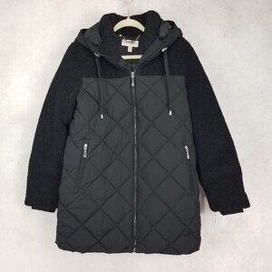 NWT Koolaburra by UGG Sherpa Coat Quilted Hooded Faux Fur Black Womens M
